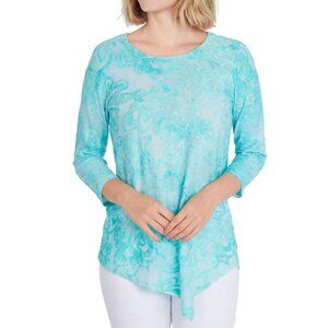 NEW Ruby Rd. Aqua Blue Boat Neck Tie Dye Burnout Polynesian Blouse Small $59